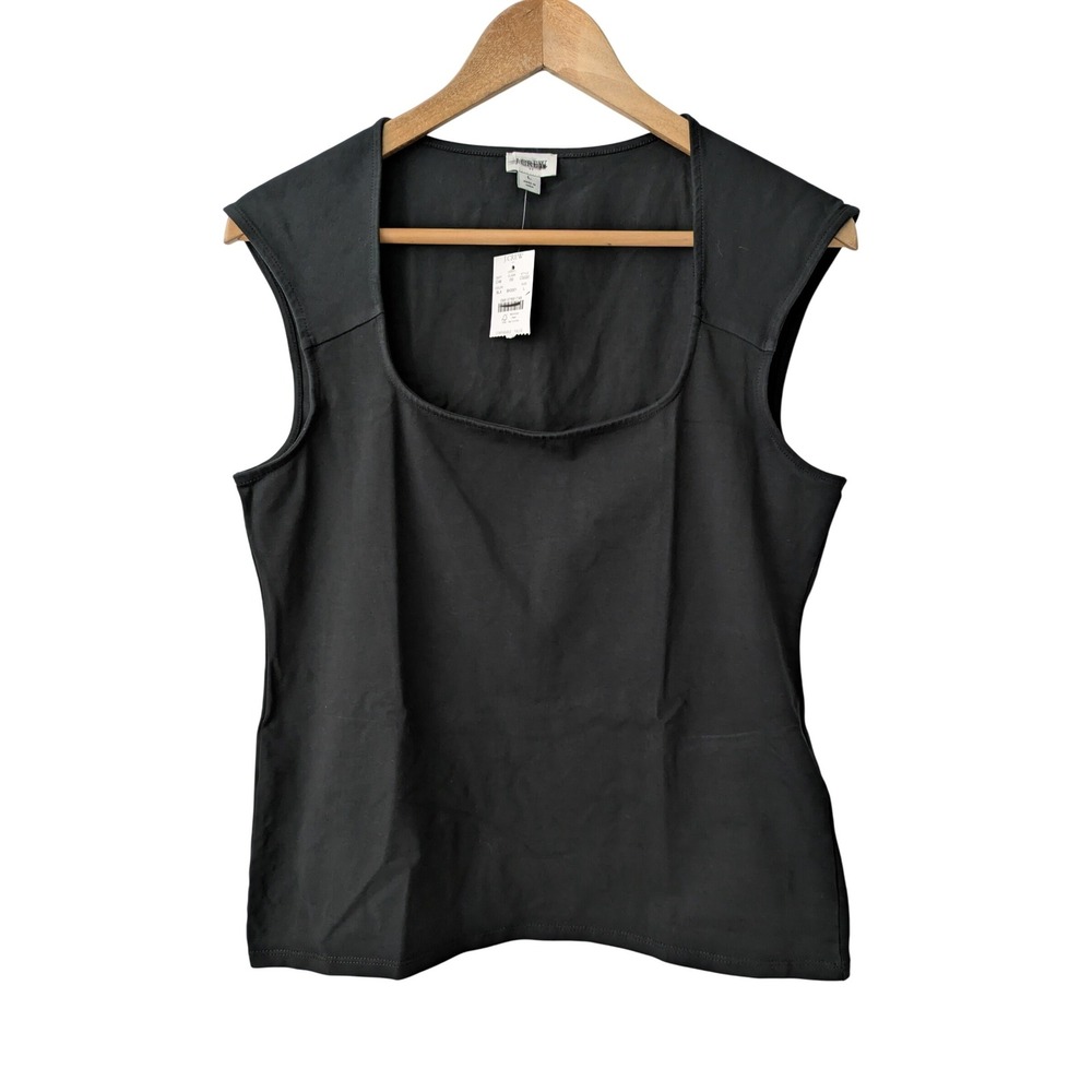 J. Crew Squareneck Cap Sleeve Top Stretch Cotton Blend‎ Top Sz L Black NWT CG020